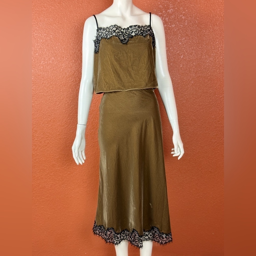 House Of Harlow Lace Trimmed Velour Spaghetti Strap Top/Skirt Olive Size ML E72